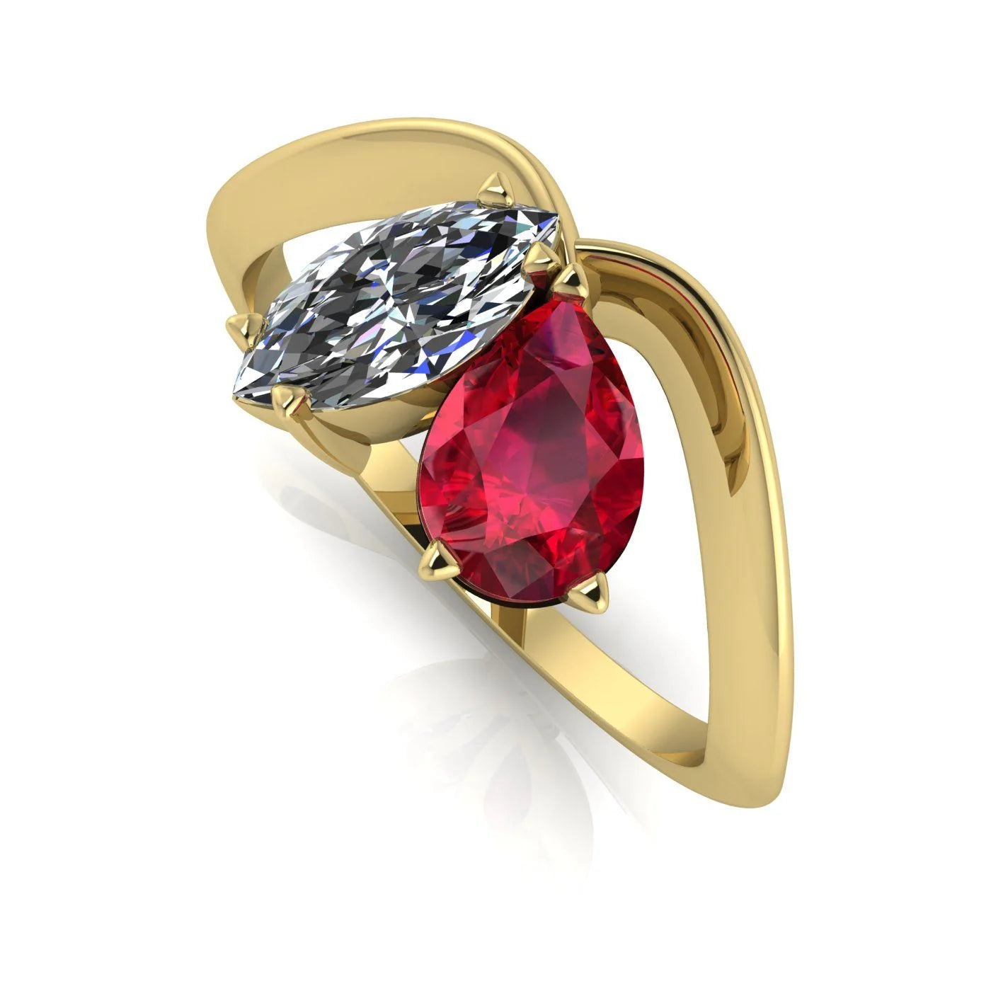 Entwined - Toi Et Moi - Marquise Diamond & Pear Shaped Ruby Ring - 18 Carat Yellow Gold