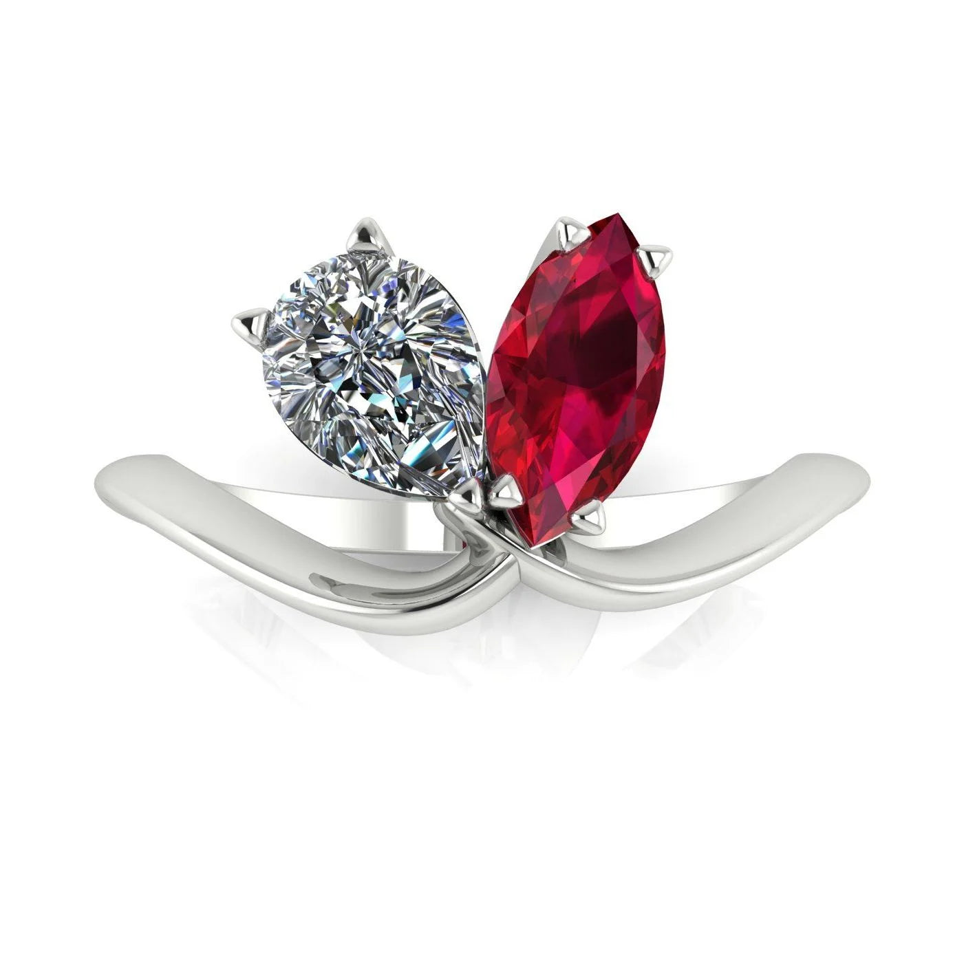 Entwined - Toi Et Moi - Marquise Ruby & Pear Shaped Diamond Ring - White Gold or Platinum