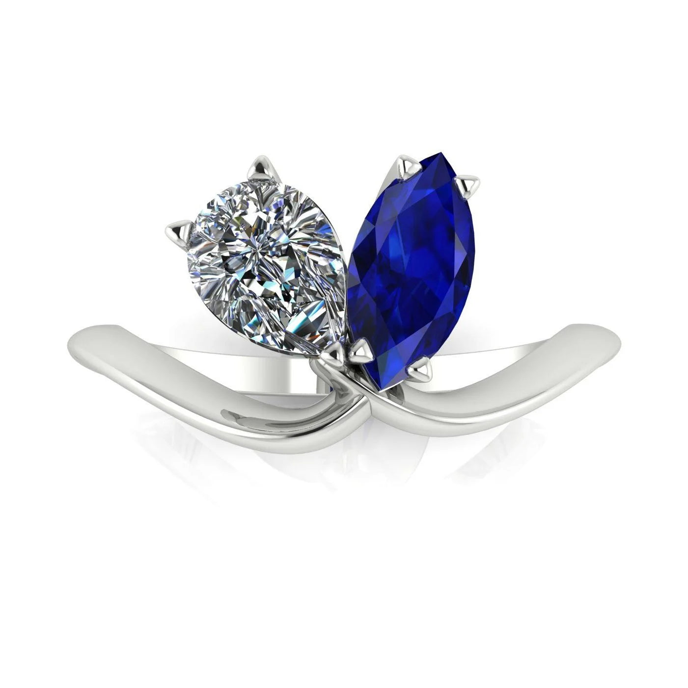Entwined - Toi Et Moi - Marquise Sapphire & Pear Shaped Diamond Ring - White Gold or Platinum