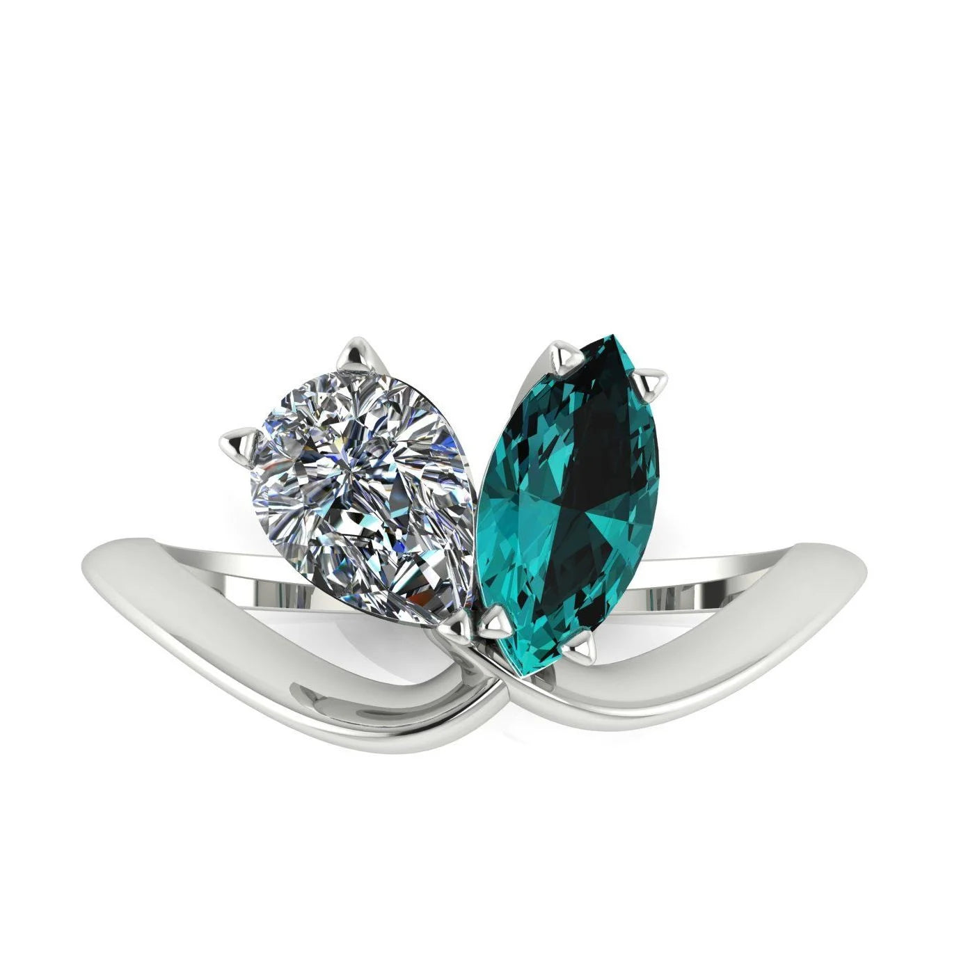 Entwined - Toi Et Moi Marquise Teal Sapphire & Pear Shaped Diamond Ring - 18 Carat White Gold or Platinum