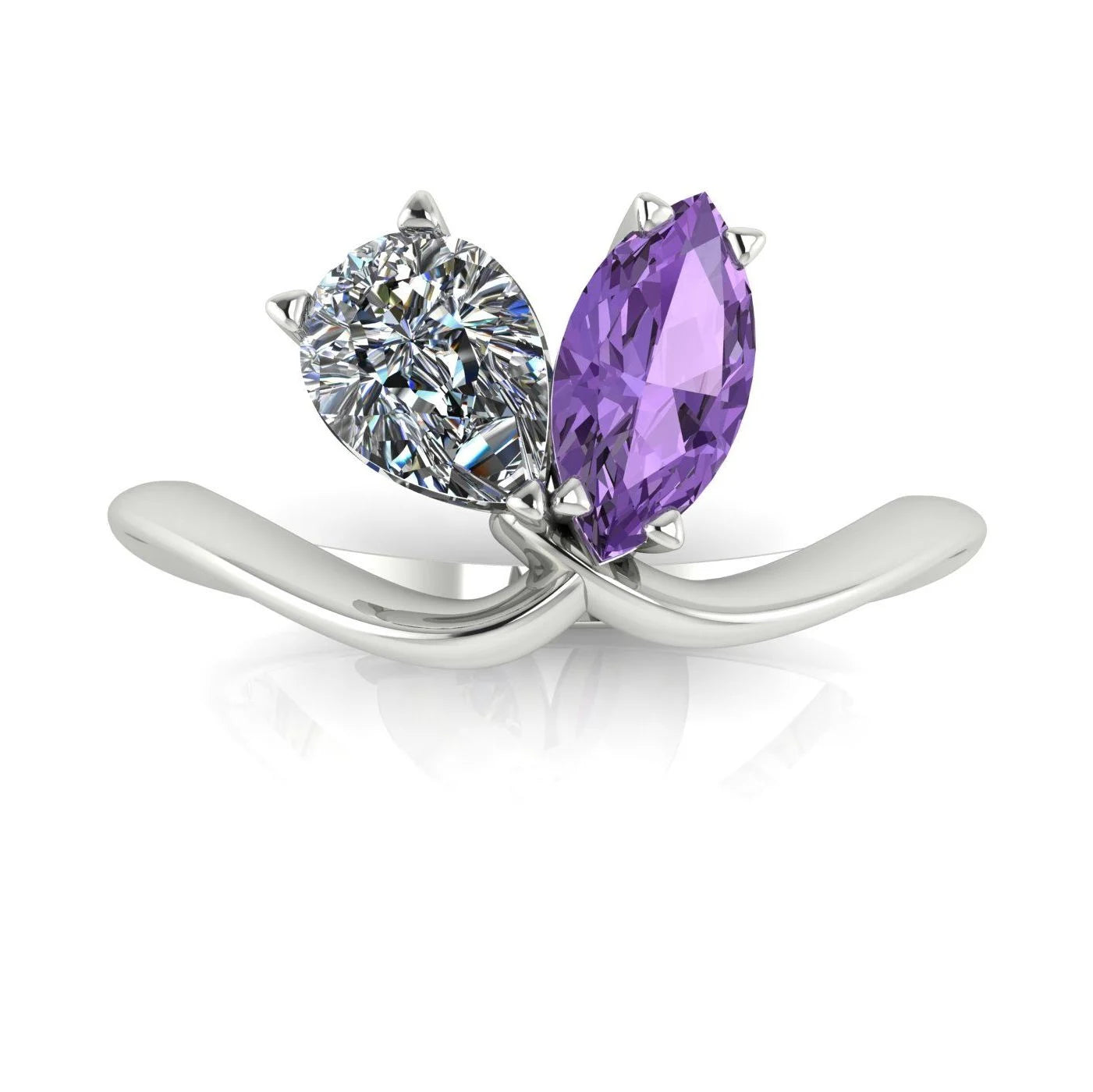 Entwined - Toi Et Moi - Marquise Violet Sapphire & Pear Shaped Diamond Ring - 18 Carat White Gold or Platinum