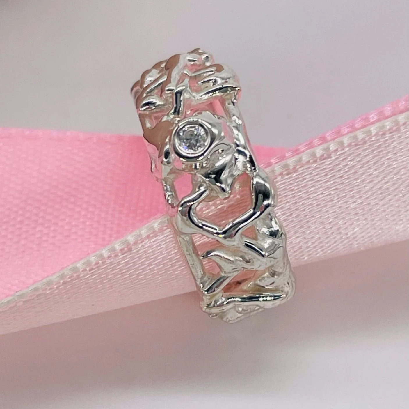 Diamond Set Silver Origin Honeycomb Ring - Organic Style Hand-Carved One-Of-A-Kind