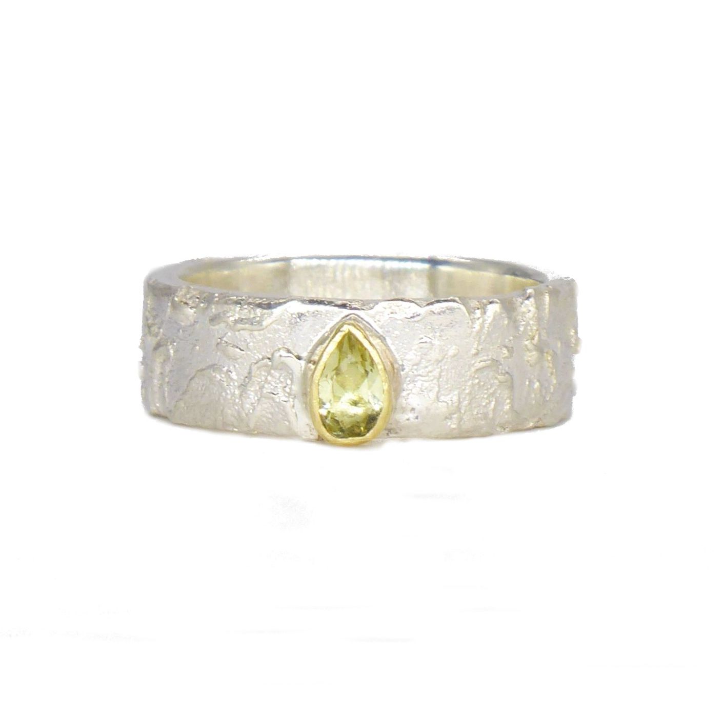 Unique Tear Shaped Lemon Quartz Gemstone Textured Silver Ring With a Gold Setting