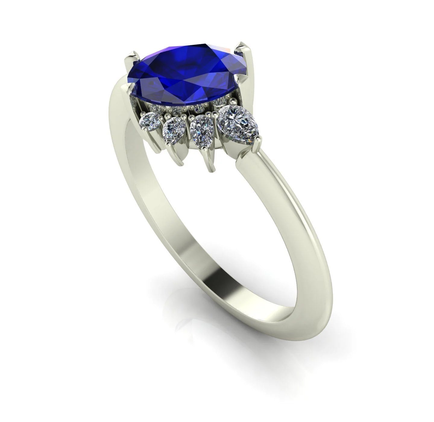 Selene - Oval Sapphire & Diamonds Asymmetrical Cluster Engagement Ring - White Gold or Platinum