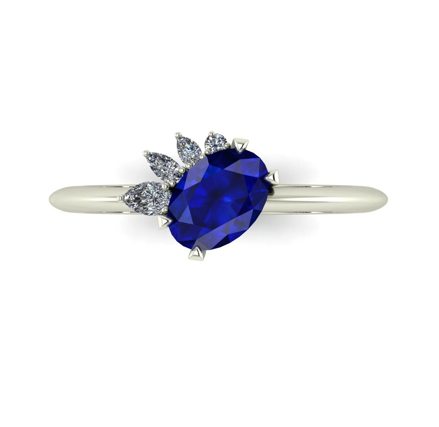 Selene - Oval Sapphire & Diamonds Asymmetrical Cluster Engagement Ring - White Gold or Platinum
