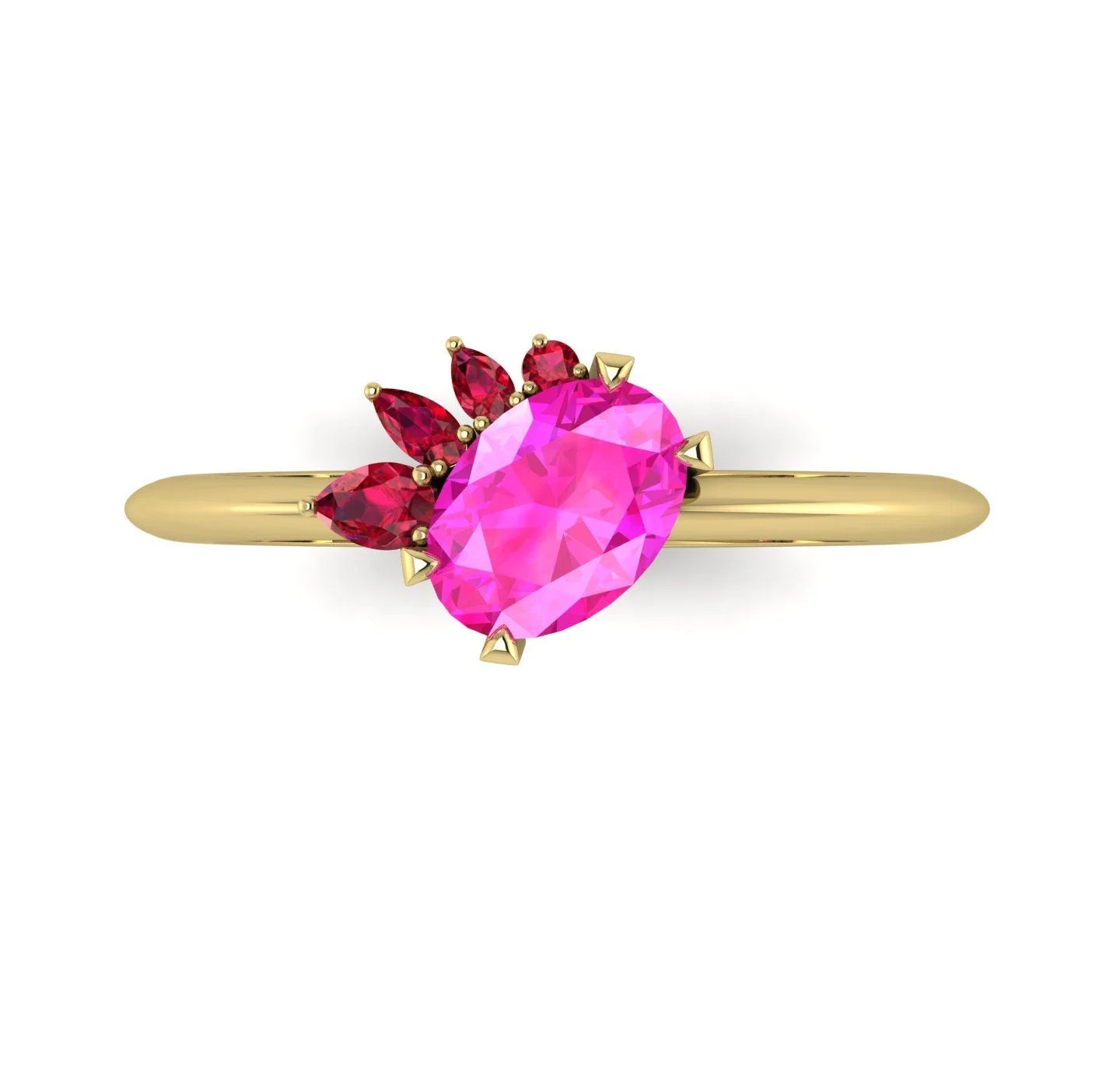Selene - Oval Pink Sapphire & Rubies Yellow Gold Asymmetrical Cluster Engagement Ring