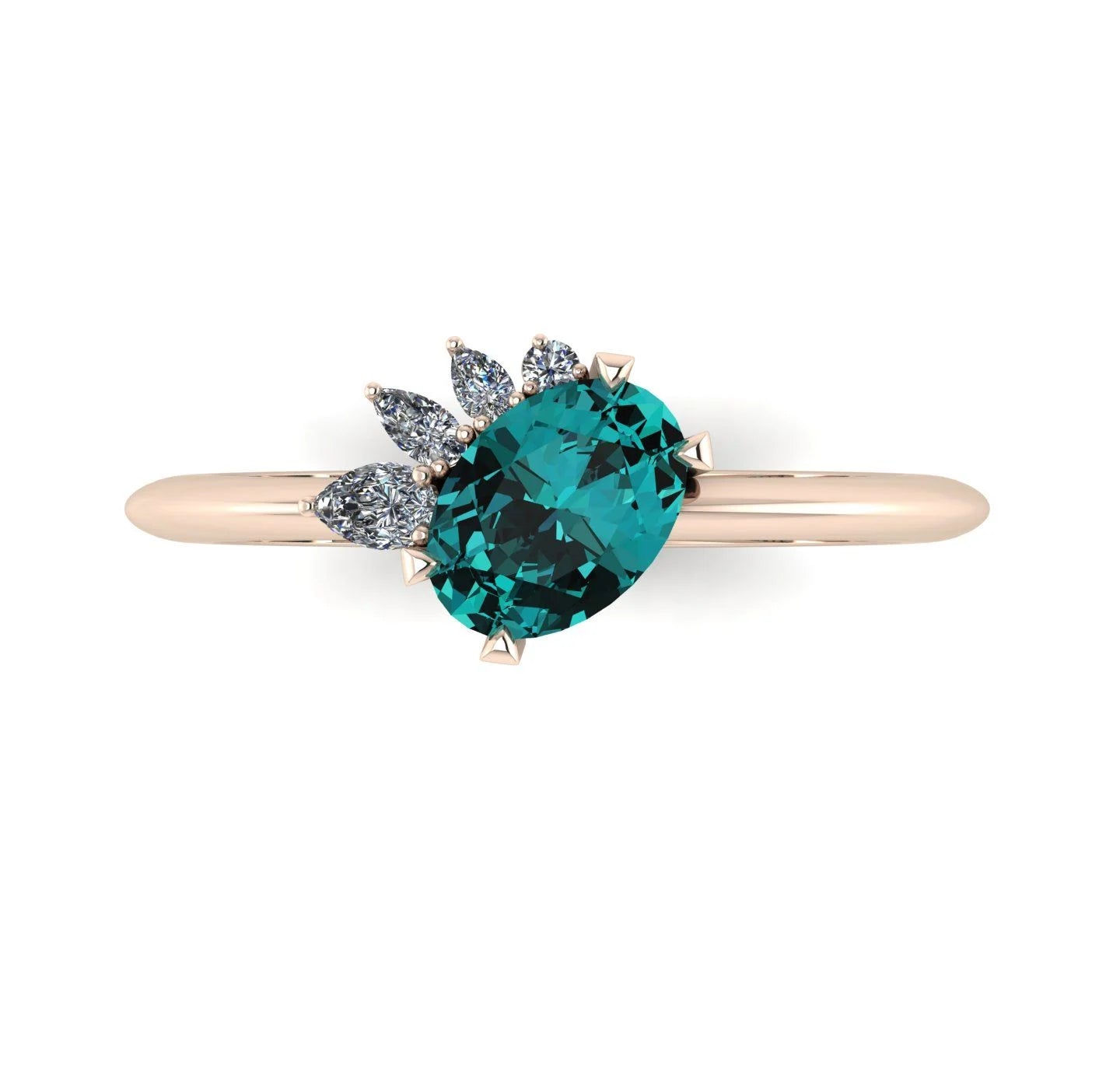Selene - Oval Teal Sapphire & Diamonds Asymmetrical Cluster Rose Gold Engagement Ring