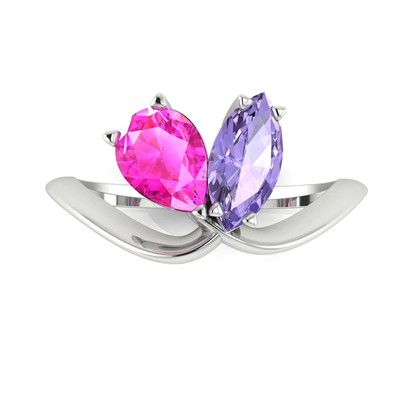 Entwined - Toi Et Moi - Marquise Violet Sapphire & Pear Shaped Pink Sapphire Ring - 18 Carat White Gold or Platinum