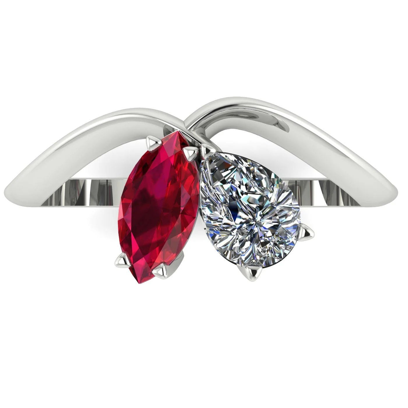 Entwined - Toi Et Moi - Marquise Ruby & Pear Shaped Diamond Ring - White Gold or Platinum
