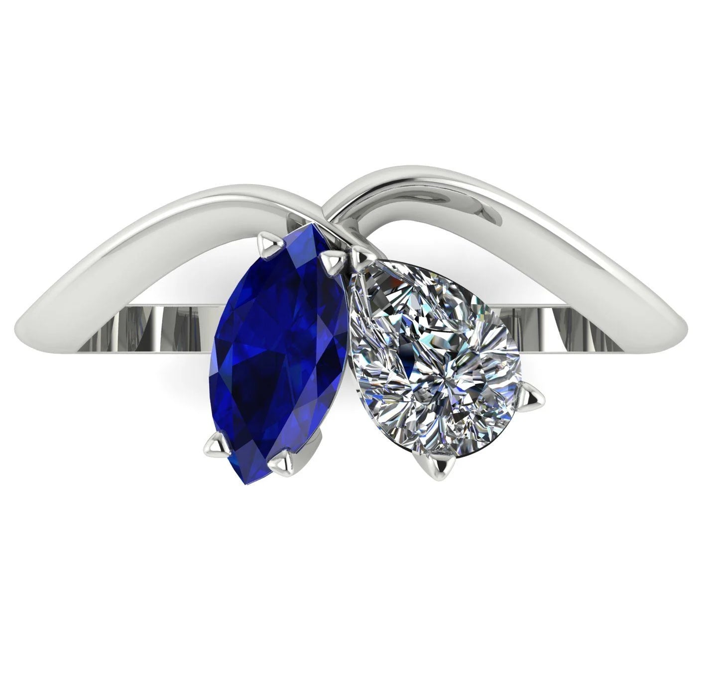 Entwined - Toi Et Moi - Marquise Sapphire & Pear Shaped Diamond Ring - White Gold or Platinum