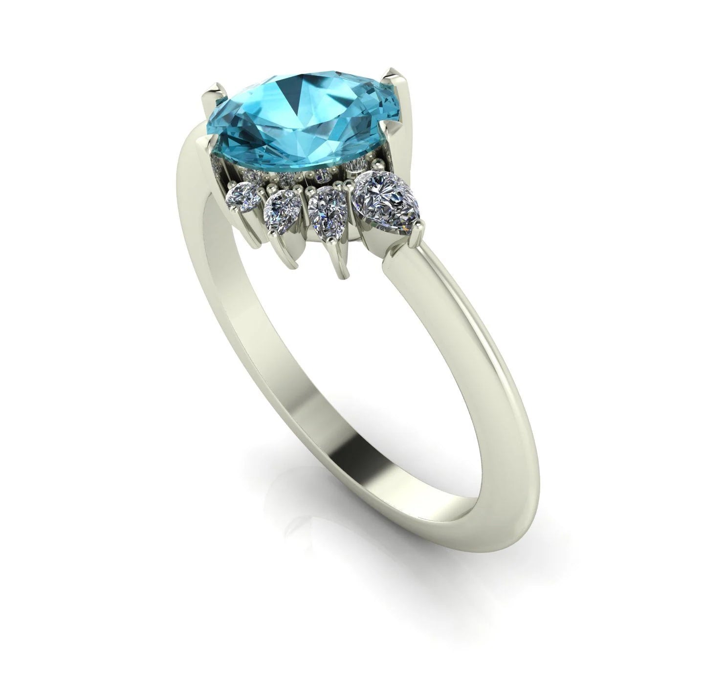 Selene - Oval Blue Zircon & Diamonds Asymmetrical Cluster Engagement Ring - White Gold or Platinum