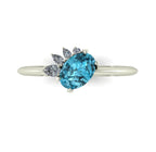 Selene - Oval Blue Zircon & Diamonds Asymmetrical Cluster Engagement Ring - White Gold or Platinum