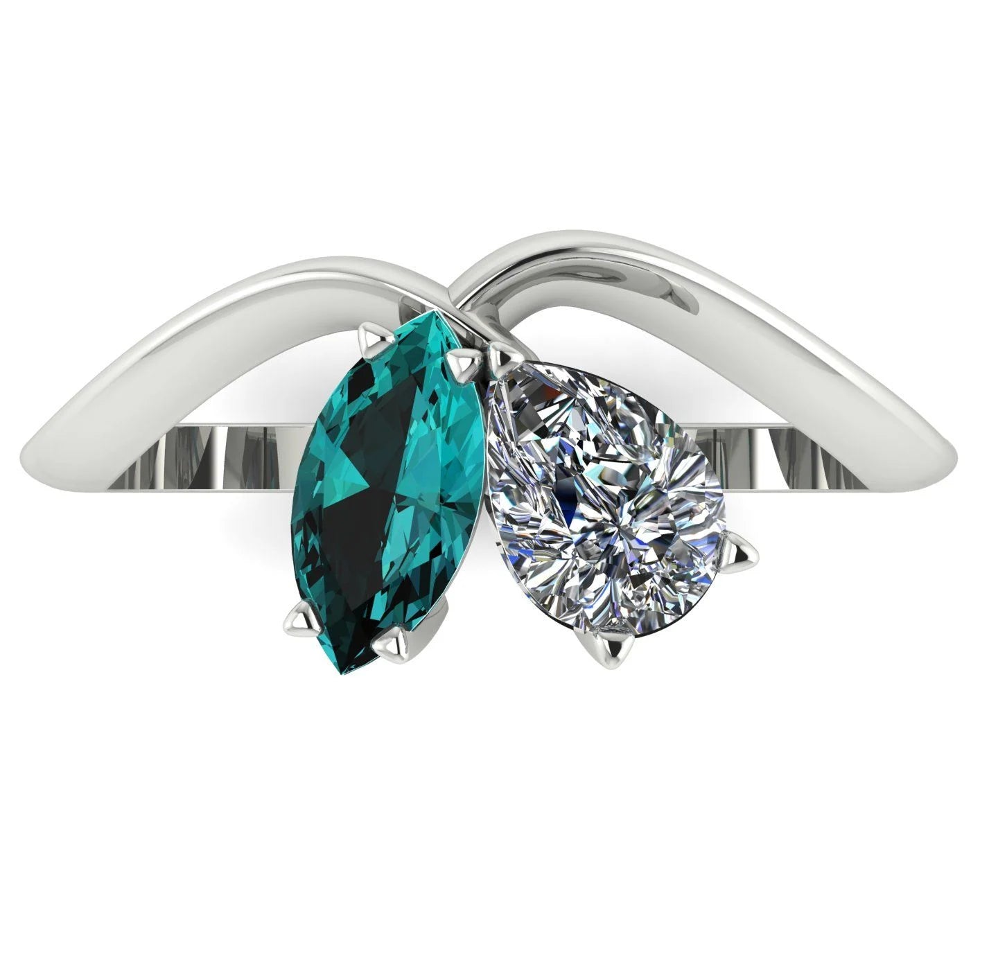 Entwined - Toi Et Moi Marquise Teal Sapphire & Pear Shaped Diamond Ring - 18 Carat White Gold or Platinum
