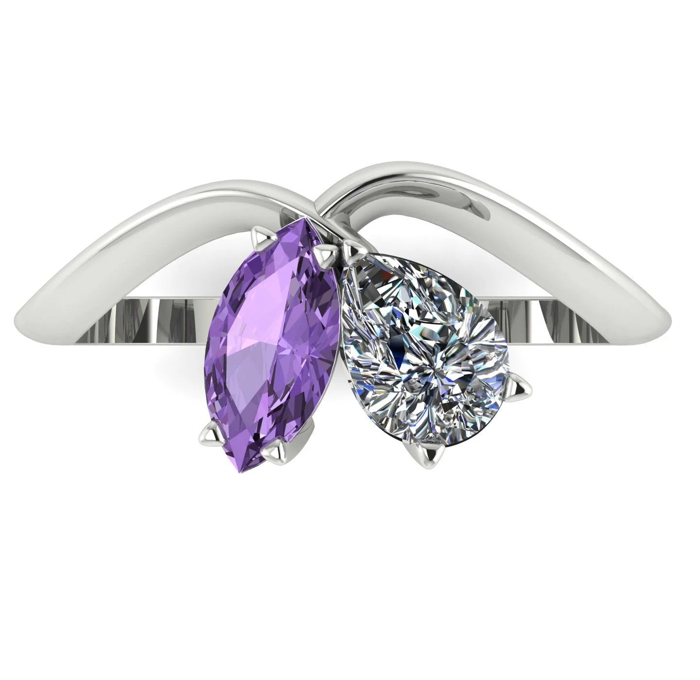 Entwined - Toi Et Moi - Marquise Violet Sapphire & Pear Shaped Diamond Ring - 18 Carat White Gold or Platinum