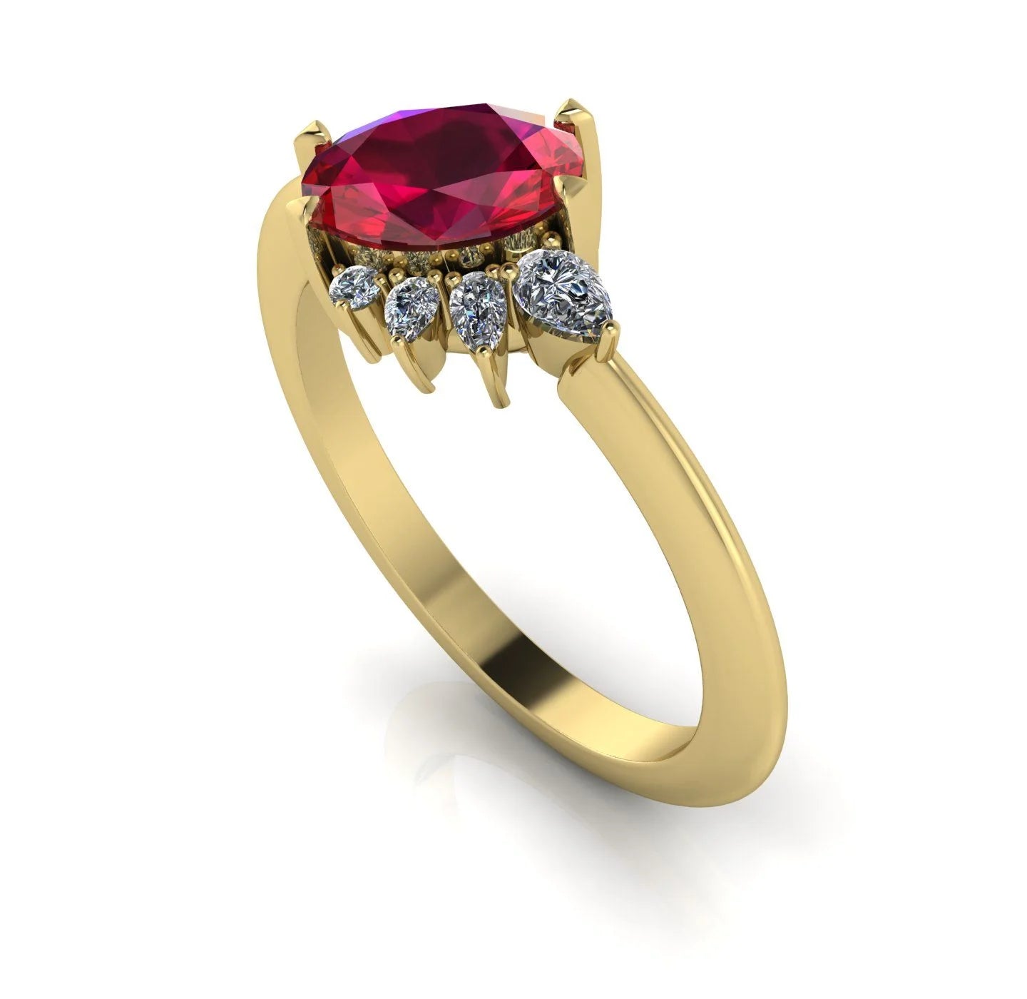 Selene - Oval Ruby & Diamonds Asymmetrical Cluster Yellow Gold Engagement Ring