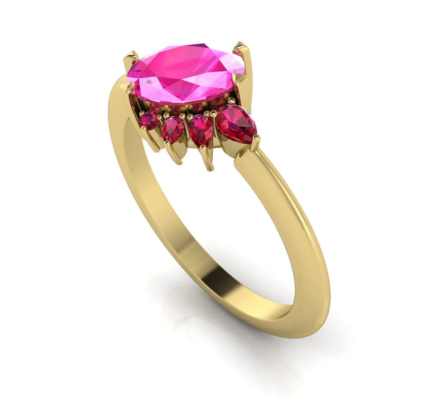 Selene - Oval Pink Sapphire & Rubies Yellow Gold Asymmetrical Cluster Engagement Ring