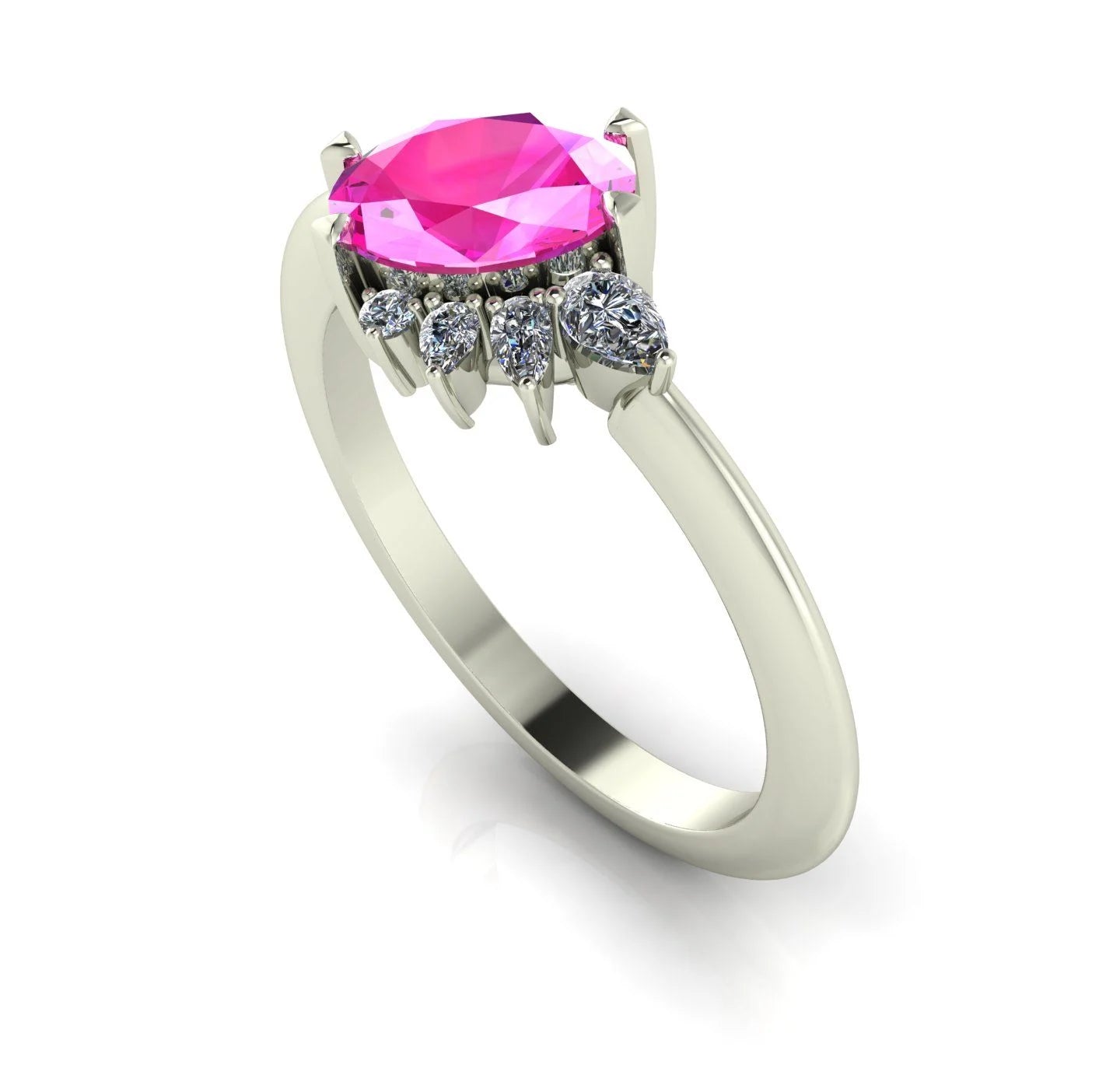 Selene - Oval Pink Sapphire & Diamonds  Asymmetrical Cluster Engagement Ring - White Gold or Platinum