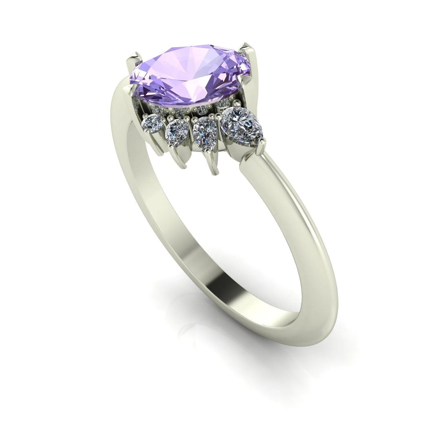 Selene - Oval Violet Sapphire & Diamonds Asymmetrical Cluster Engagement Ring - White Gold or Platinum
