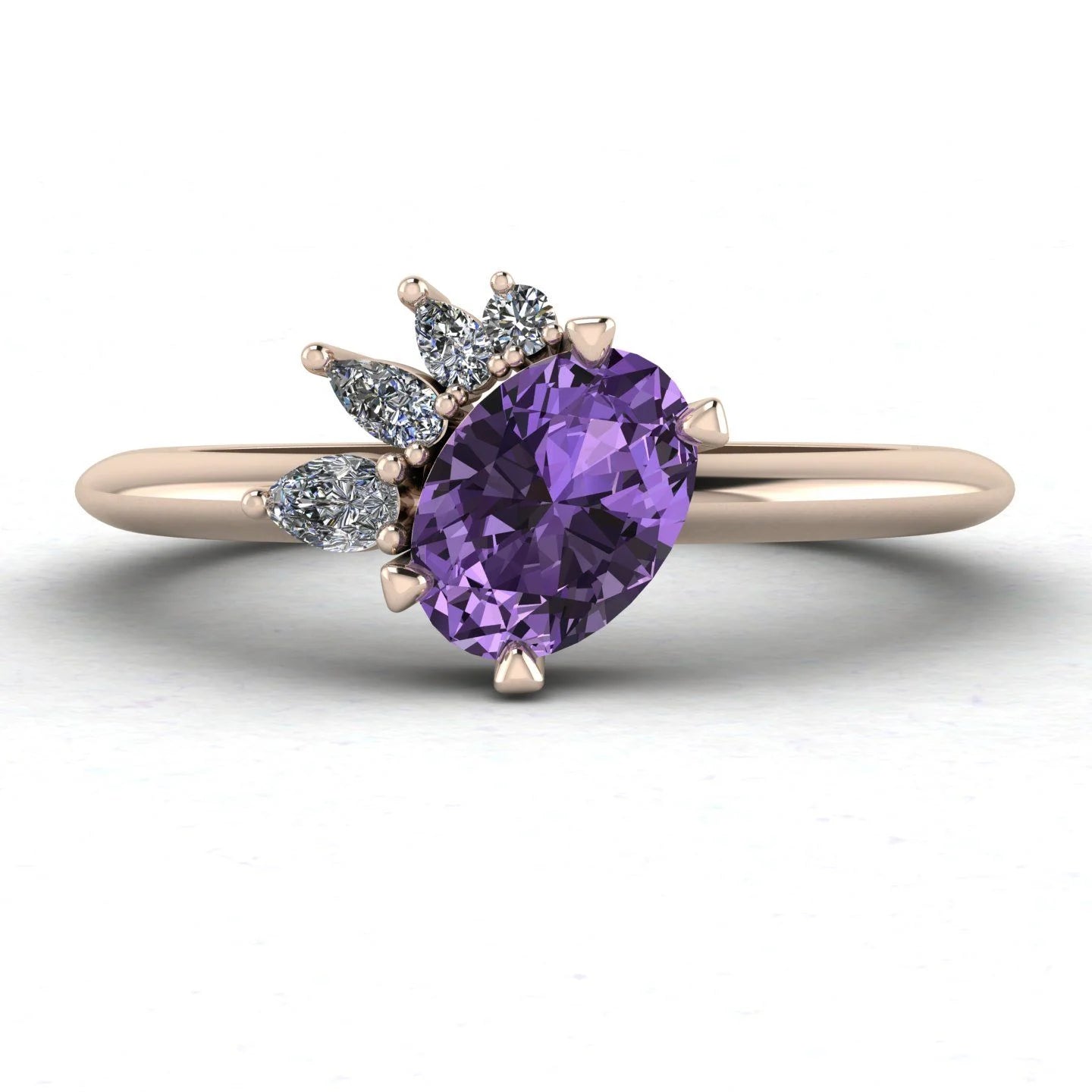 Selene - Oval Violet Sapphire & Diamonds Asymmetrical Cluster Engagement Ring - Rose Gold