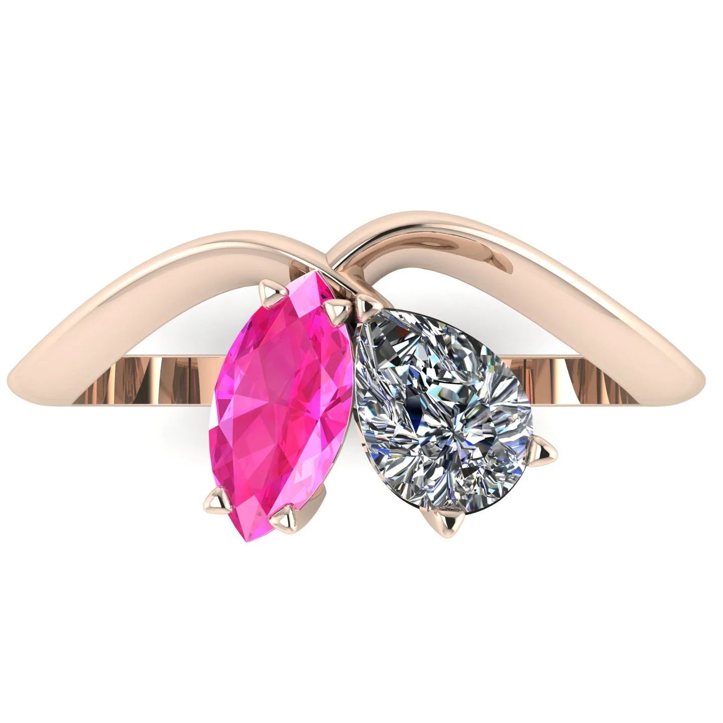 Entwined - Toi Et Moi - Marquise Pink Sapphire & Pear Shaped Diamond Ring - 18 Carat Rose Gold