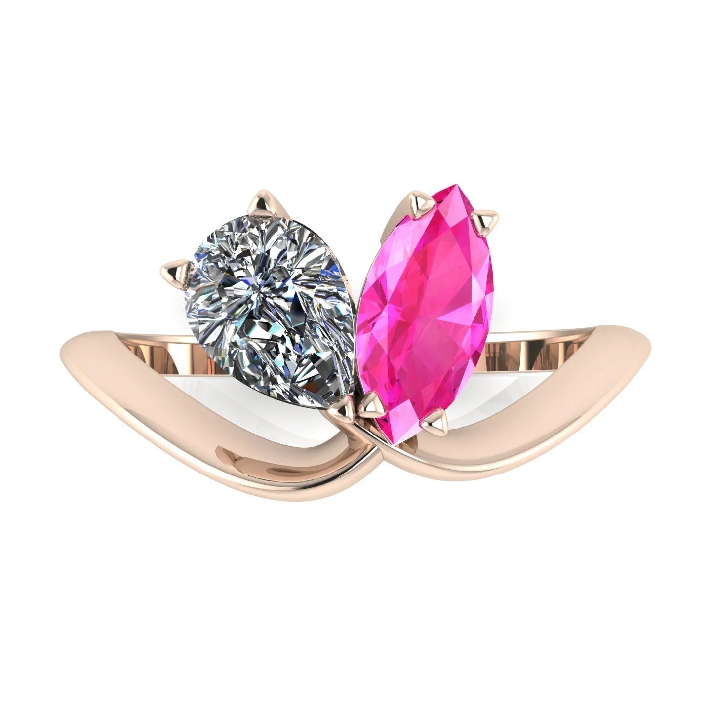 Entwined - Toi Et Moi - Marquise Pink Sapphire & Pear Shaped Diamond Ring - 18 Carat Rose Gold