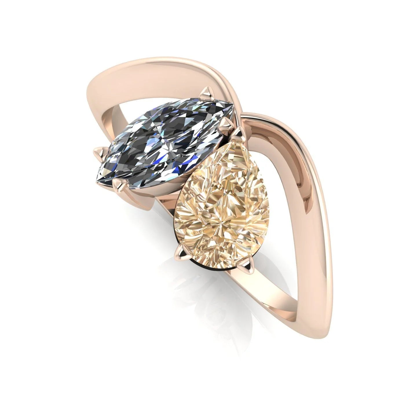 Entwined - Toi Et Moi Pear Shaped Champagne Diamond & Marquise Ruby Ring - 18 Carat Rose Gold