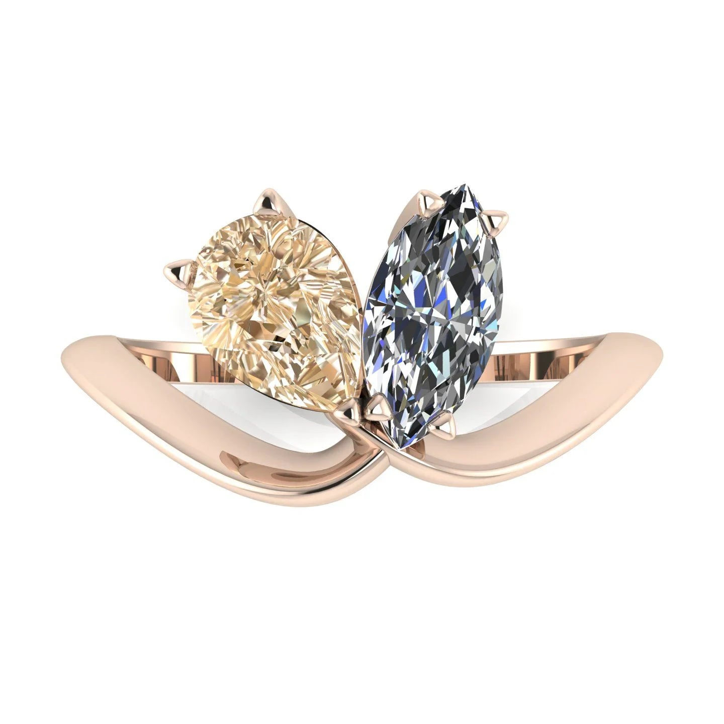 Entwined - Toi Et Moi Pear Shaped Champagne Diamond & Marquise Ruby Ring - 18 Carat Rose Gold
