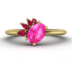 Selene - Oval Pink Sapphire & Rubies Yellow Gold Asymmetrical Cluster Engagement Ring