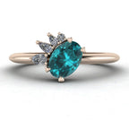 Selene - Oval Teal Sapphire & Diamonds Asymmetrical Cluster Rose Gold Engagement Ring