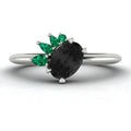 Selene - Oval Black Diamond & Emerald Engagement Ring - White Gold or Platinum