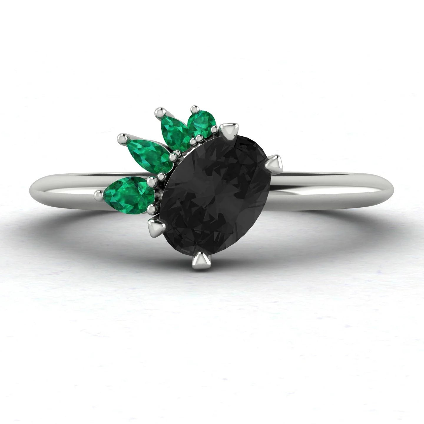 Selene - Oval Black Diamond & Emerald Engagement Ring - White Gold or Platinum
