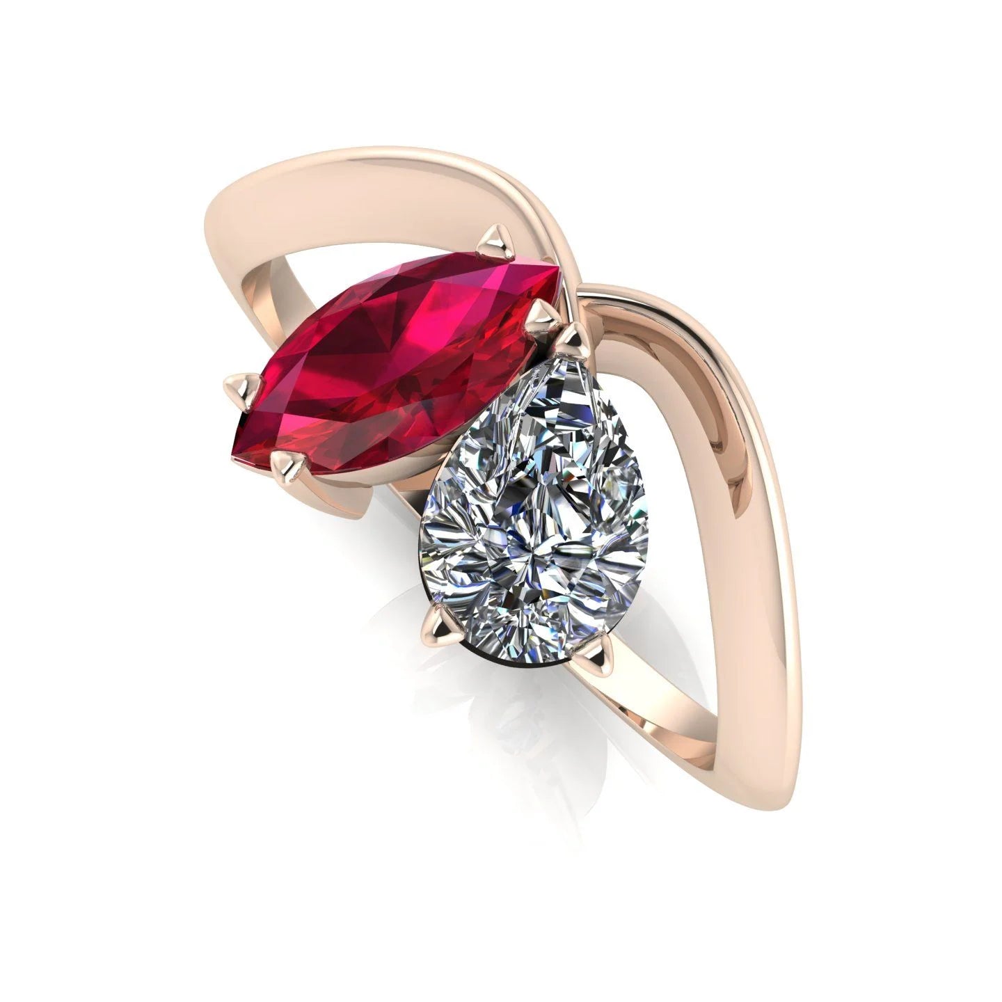 Entwined - Toi Et Moi - Marquise Ruby & Pear Shaped Diamond Ring - 18 Carat Rose Gold