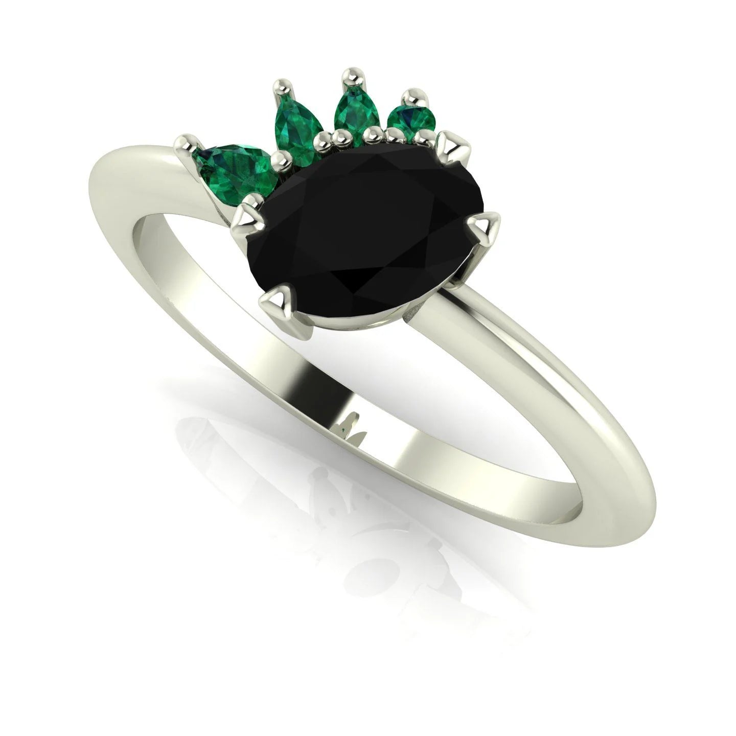 Selene - Oval Black Diamond & Emerald Engagement Ring - White Gold or Platinum