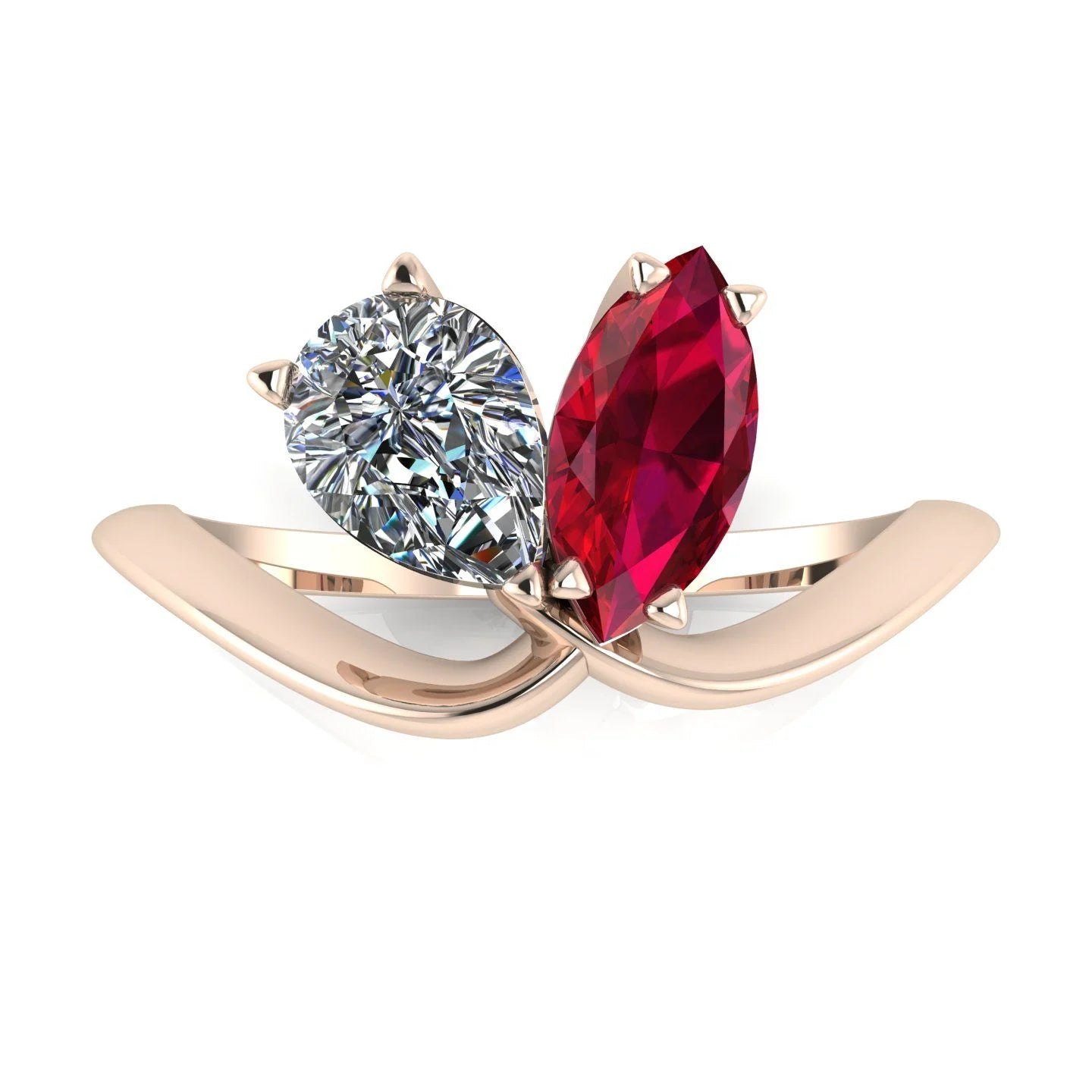 Entwined - Toi Et Moi - Marquise Ruby & Pear Shaped Diamond Ring - 18 Carat Rose Gold