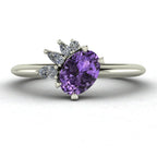Selene - Oval Violet Sapphire & Diamonds Asymmetrical Cluster Engagement Ring - White Gold or Platinum