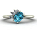 Selene - Oval Blue Zircon & Diamonds Asymmetrical Cluster Engagement Ring - White Gold or Platinum