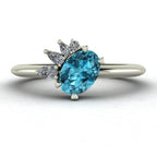 Selene - Oval Blue Zircon & Diamonds Asymmetrical Cluster Engagement Ring - White Gold or Platinum