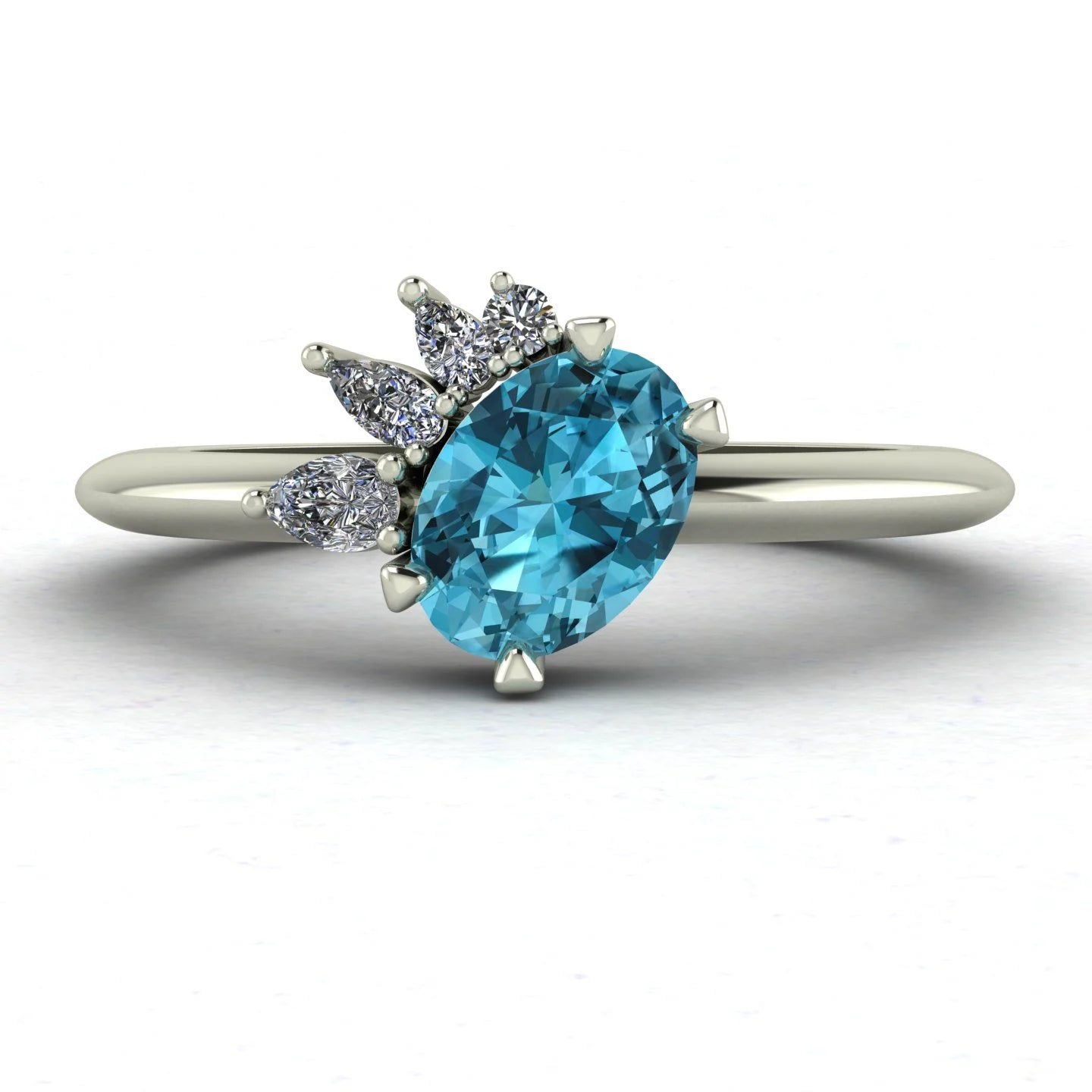 Selene - Oval Blue Zircon & Diamonds Asymmetrical Cluster Engagement Ring - White Gold or Platinum