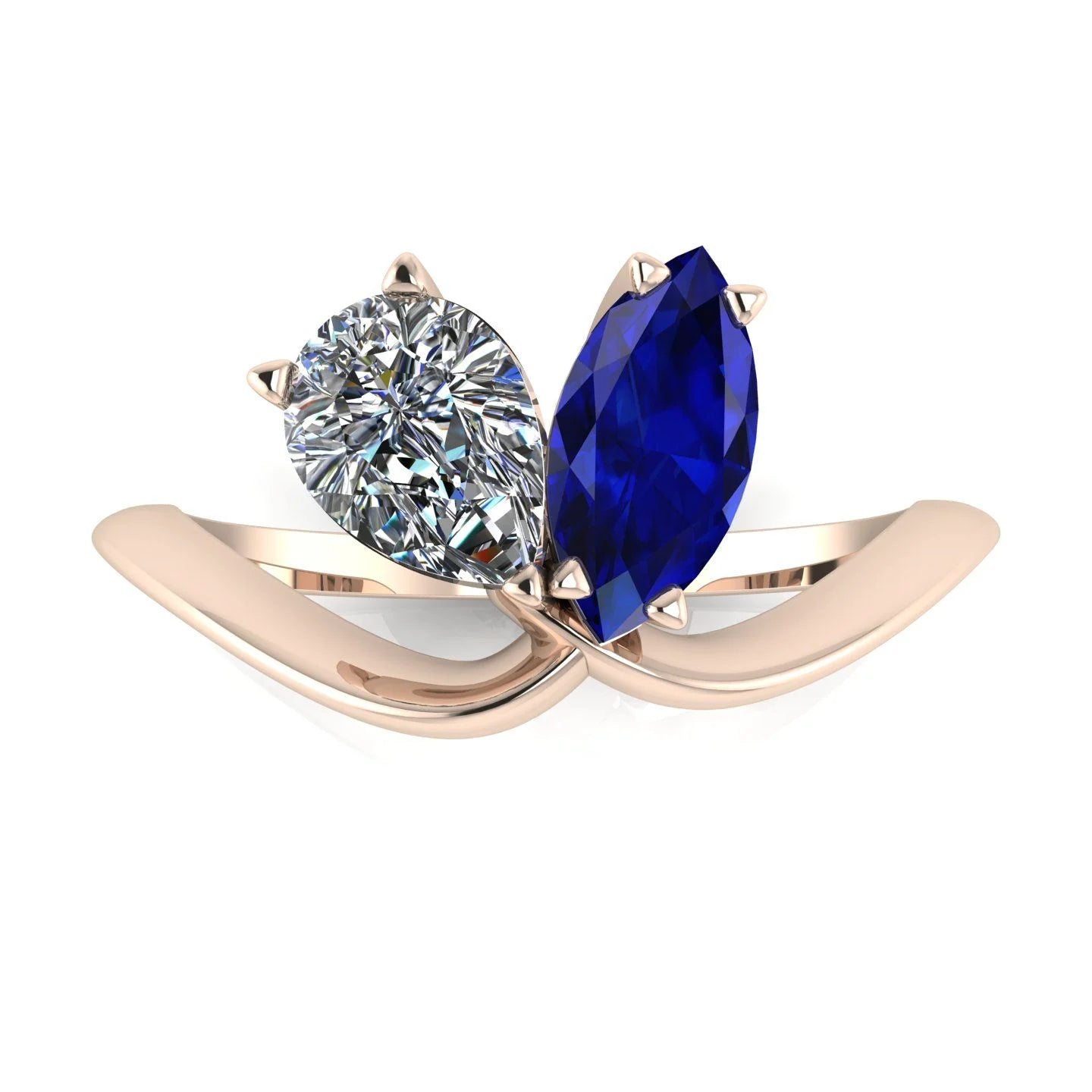 Entwined - Toi Et Moi - Marquise Sapphire & Pear Shaped Diamond Ring - 18 Carat Rose Gold