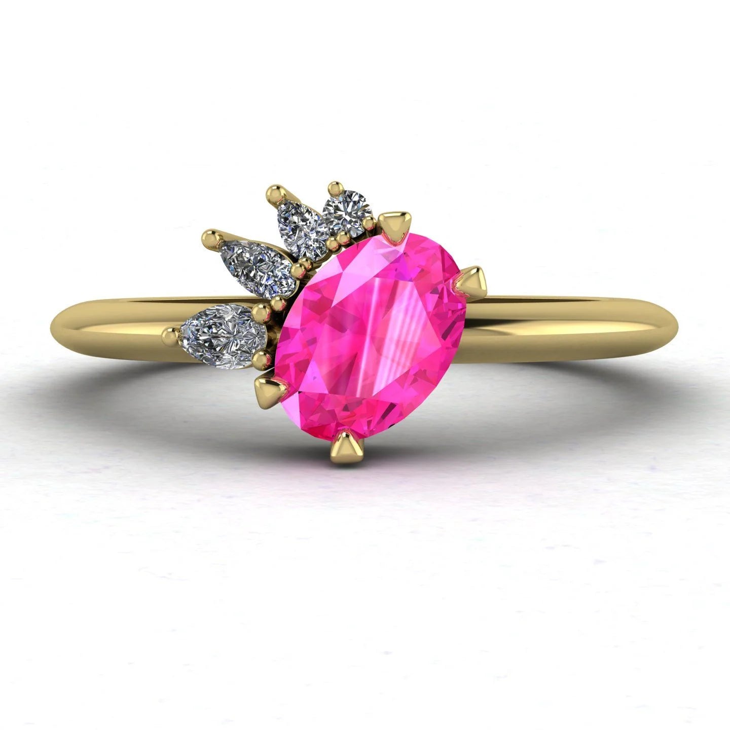 Selene - Oval Pink Sapphire & Diamonds Asymmetrical Cluster  Yellow Gold Engagement Ring