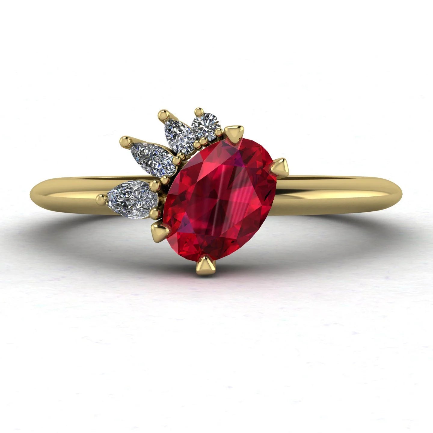 Selene - Oval Ruby & Diamonds Asymmetrical Cluster Yellow Gold Engagement Ring