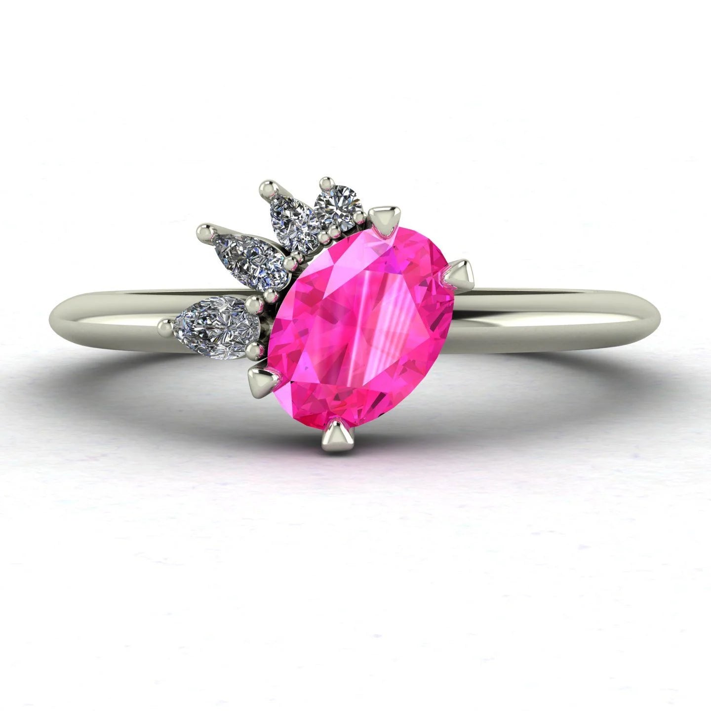 Selene - Oval Pink Sapphire & Diamonds  Asymmetrical Cluster Engagement Ring - White Gold or Platinum