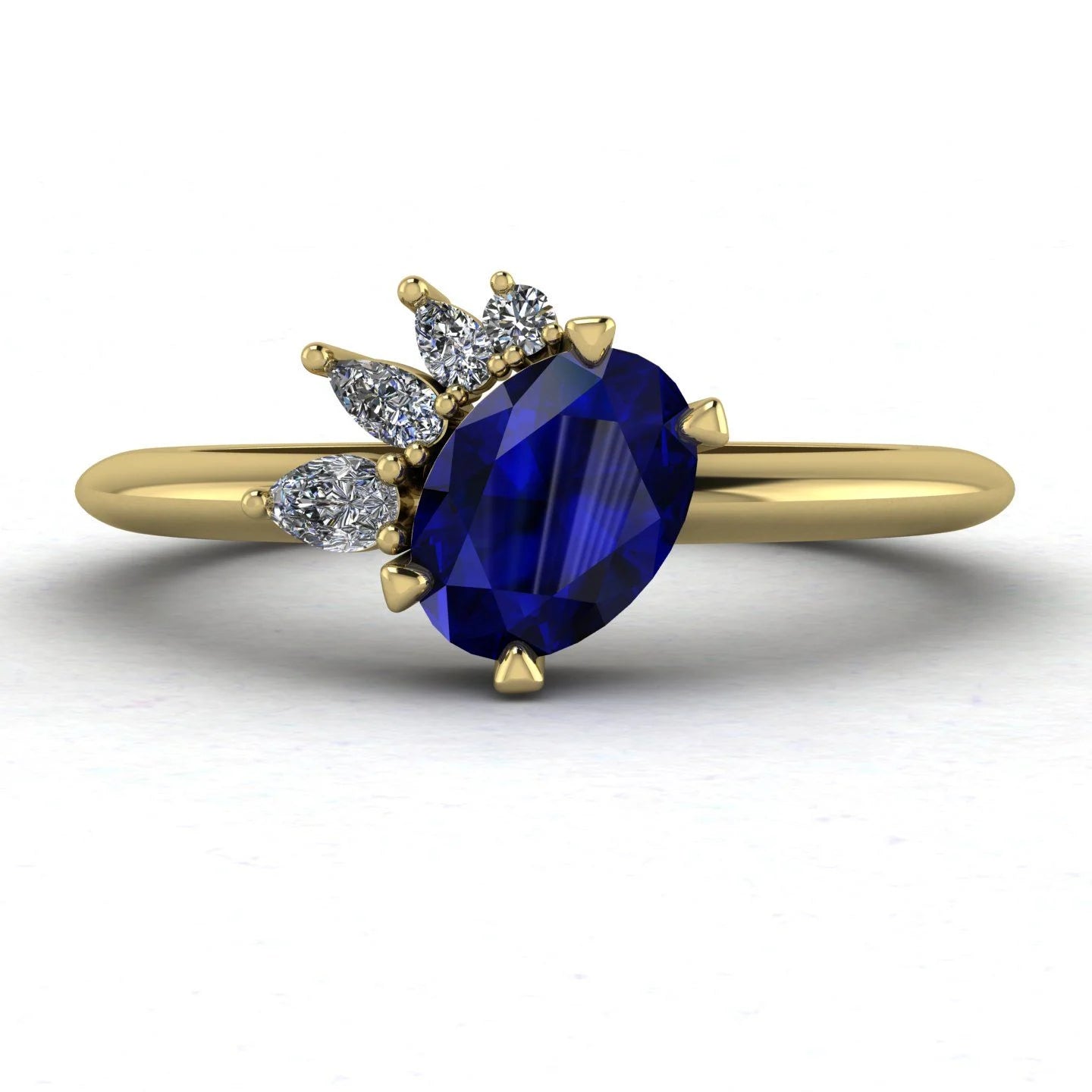 Selene - Oval Sapphire & Diamonds Asymmetrical Cluster Yellow Gold Engagement Ring