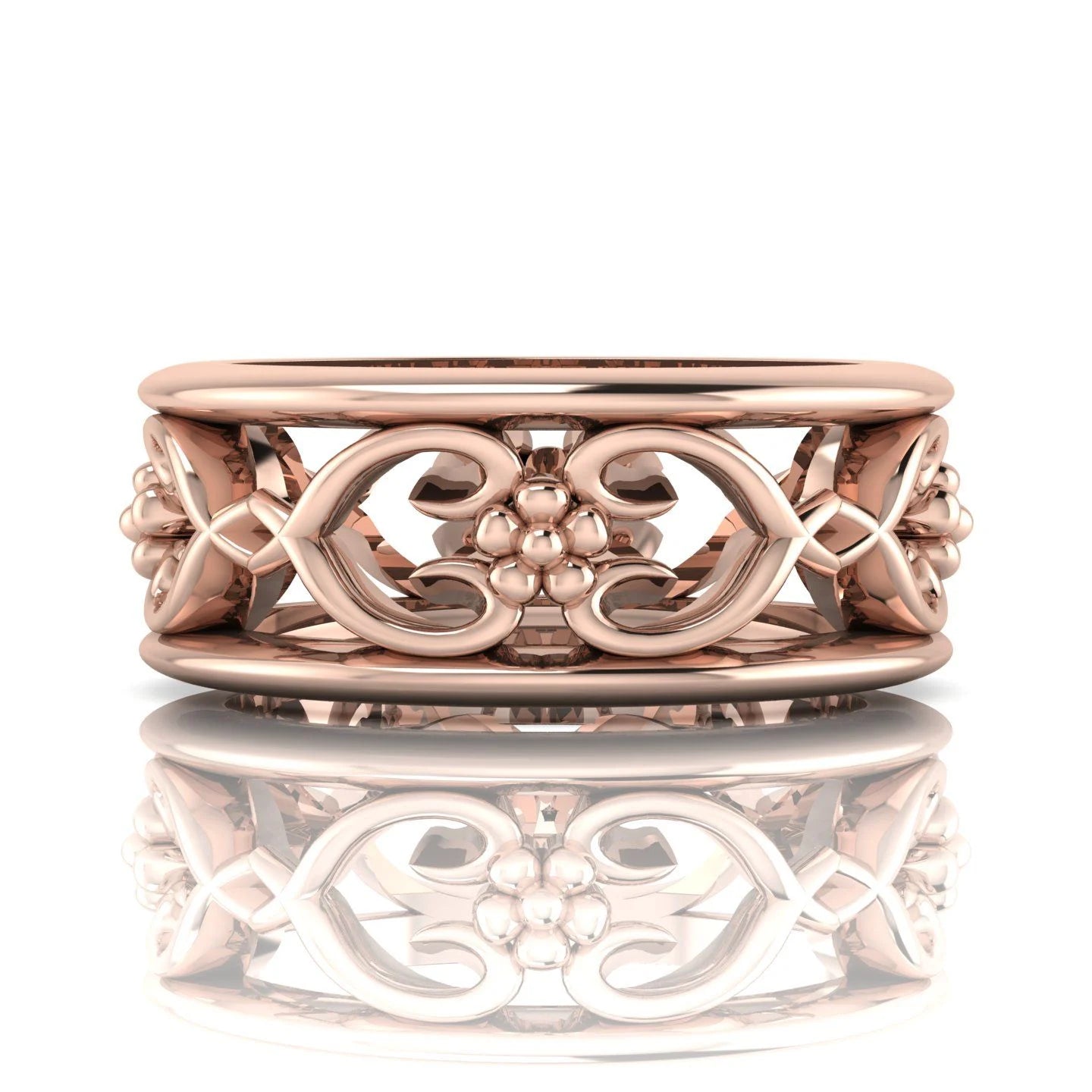 Flowers On The Vine Bordered Floral Patterned Rose Gold Wedding Ring