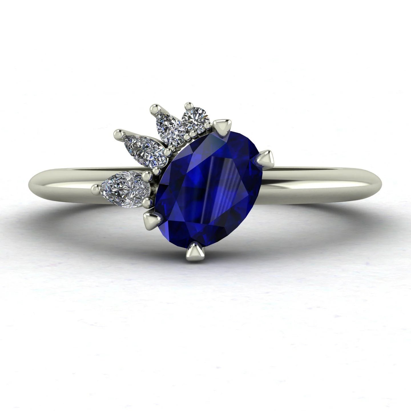 Selene - Oval Sapphire & Diamonds Asymmetrical Cluster Engagement Ring - White Gold or Platinum