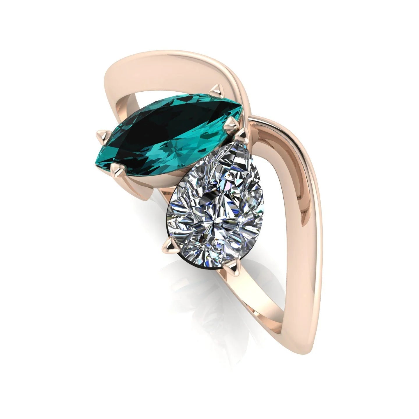 Entwined - Toi Et Moi Marquise Teal Sapphire & Pear Shaped Diamond Ring - 18 Carat Rose Gold