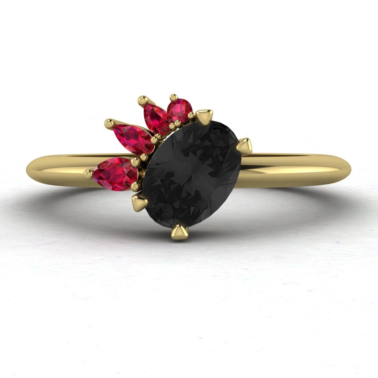 Selene - Oval Black Diamond & Ruby Engagement Ring - Yellow Gold