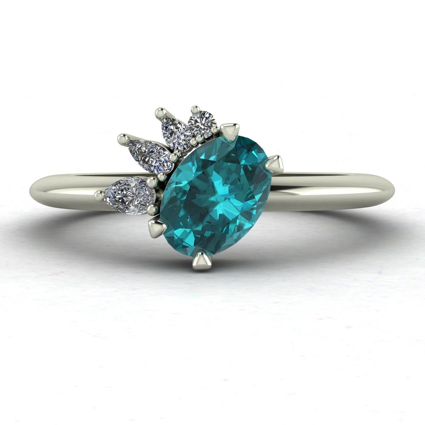 Selene - Oval Teal Sapphire & Diamonds Asymmetrical Cluster Engagement Ring - White Gold or Platinum