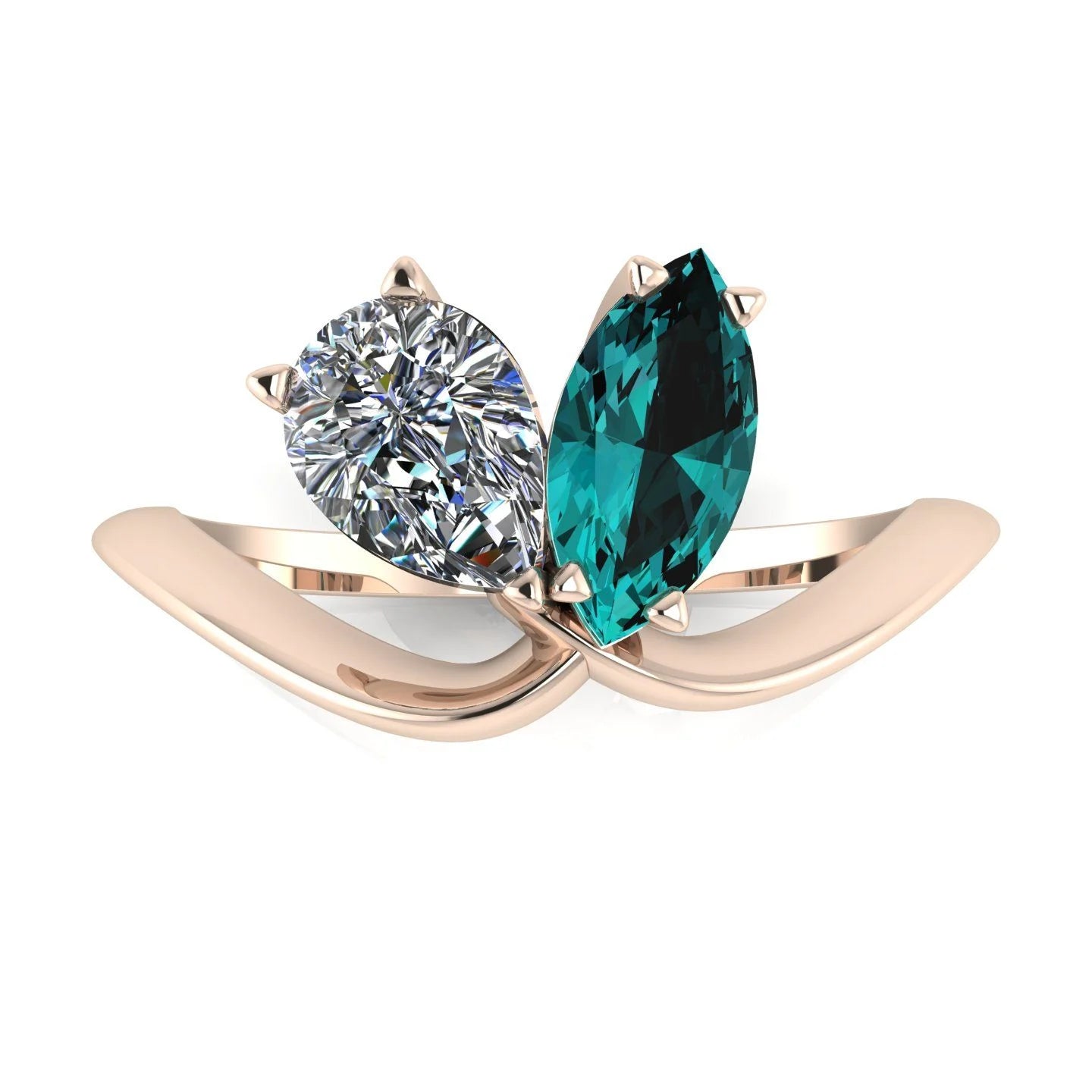 Entwined - Toi Et Moi Marquise Teal Sapphire & Pear Shaped Diamond Ring - 18 Carat Rose Gold