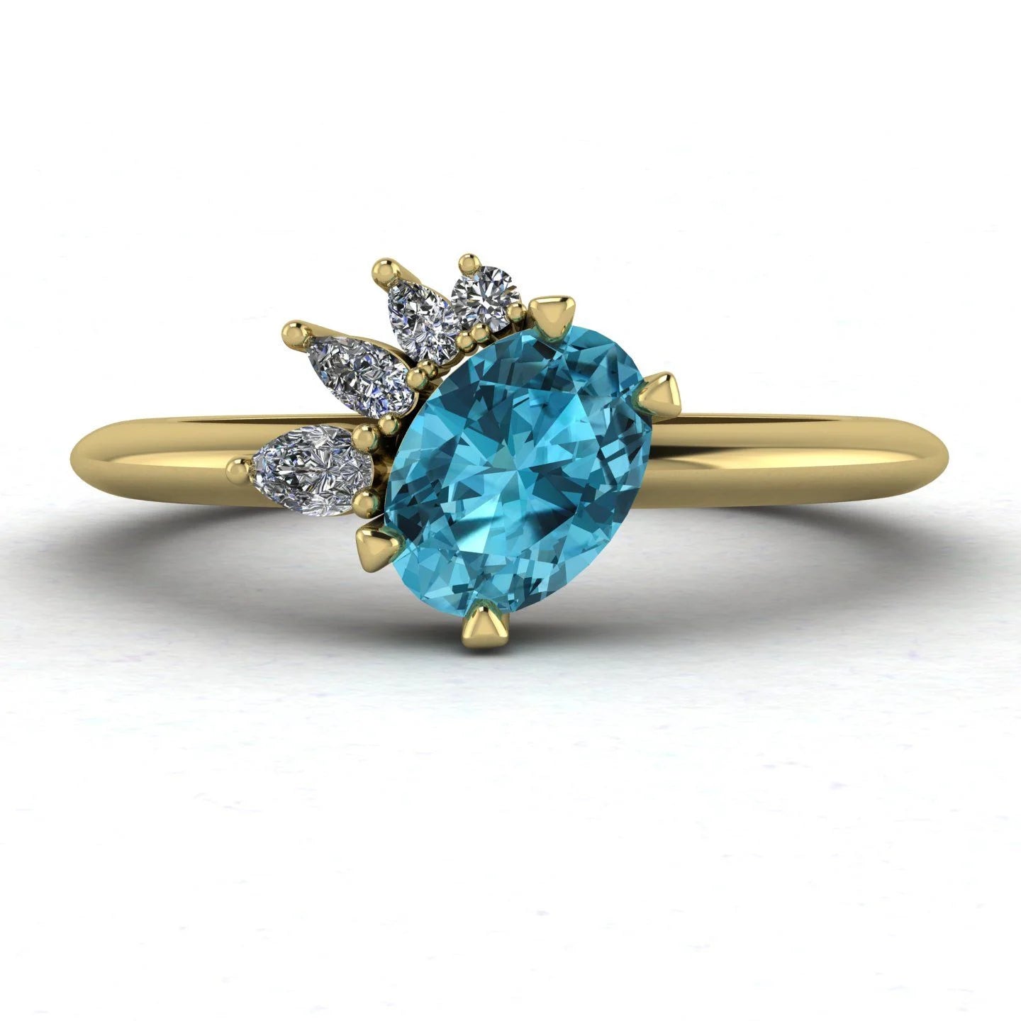 Selene - Oval Blue Zircon & Diamonds Asymmetrical Engagement Ring